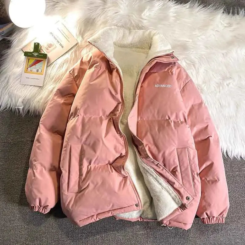 Winter Lamb Fleece Warm Parkas Women Solid Loose Stand Collar Zipper Casual Puffer Jacket Y2K Korean Preppy All Match Down Coats voguable