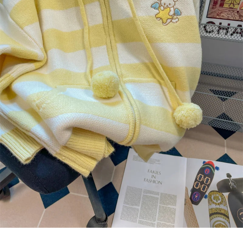 Spring Autumn Casual Cartoon Embroidery Striped Hooded Sweater Women Sweet Knitted Cardigan Coat Japanese Girls Loose Knitwear voguable