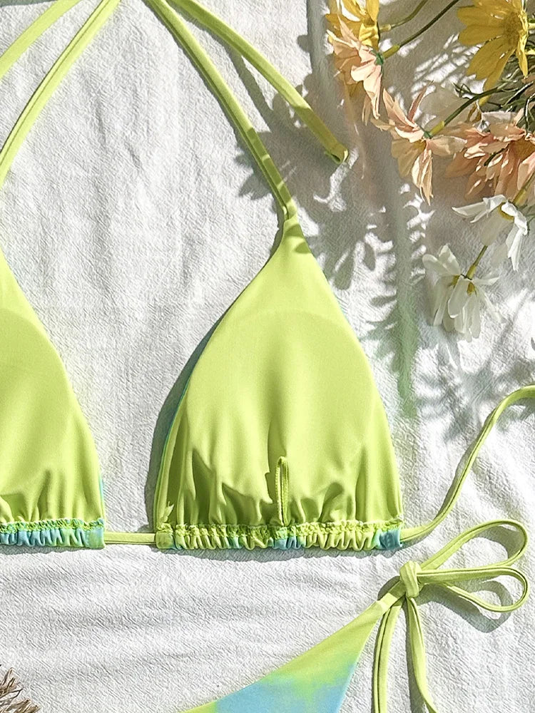 Voguable  Sexy Laced Up Gradient Bikini Women Split Swimsuit Beach Vacation Bikini New All Season Backless Bikinis 2 Piece Set voguable
