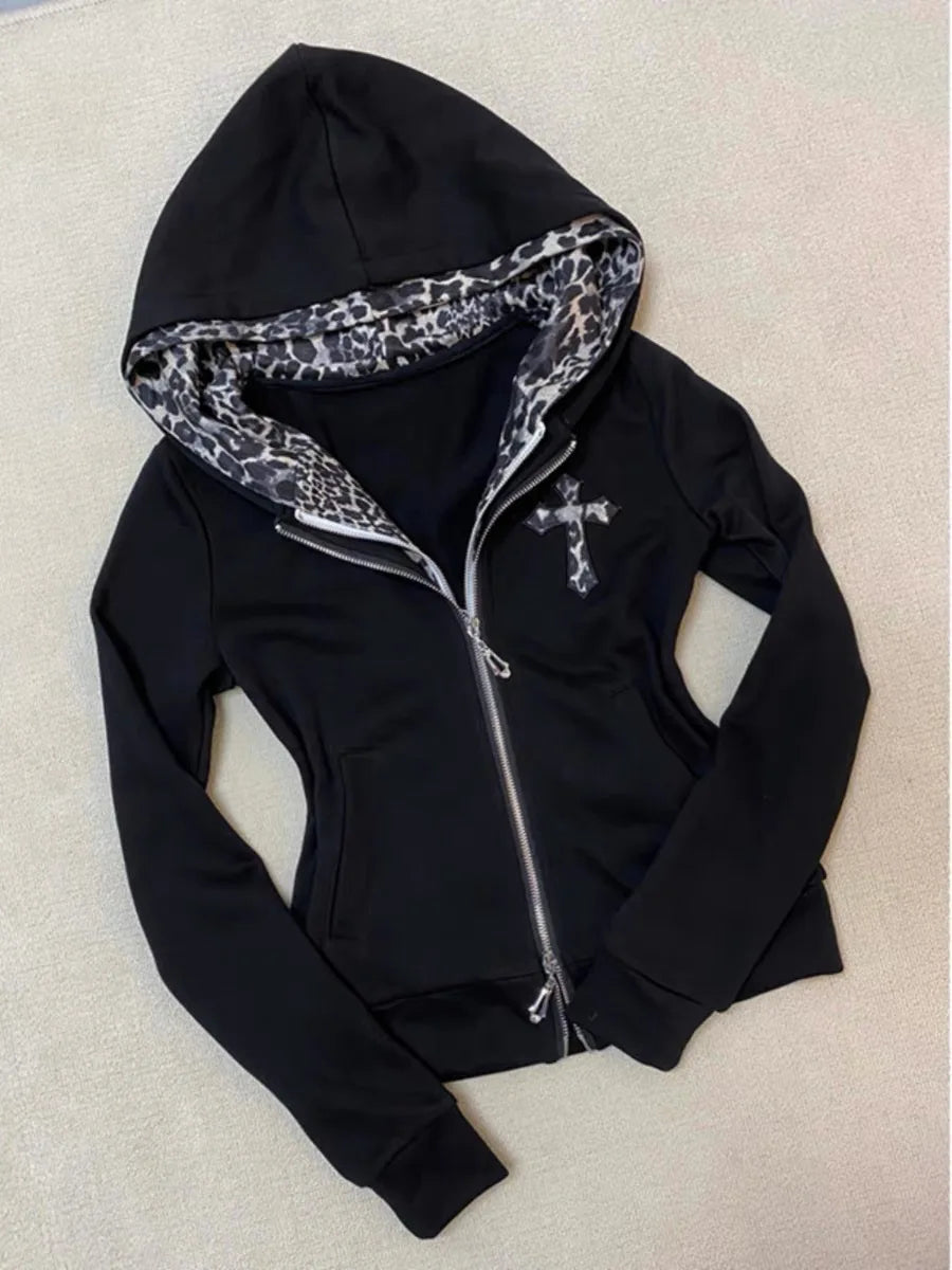 Voguable  Vintage Y2k Leopard Print Trend Girl Dressing Up Hoodies Black Classic Zip Up Gothic Sweatshirts for Women's Loose Hoodies voguable