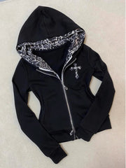 Voguable  Vintage Y2k Leopard Print Trend Girl Dressing Up Hoodies Black Classic Zip Up Gothic Sweatshirts for Women's Loose Hoodies voguable