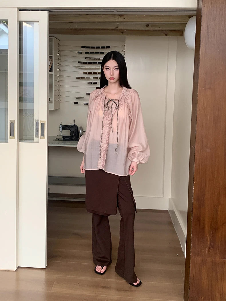 Fall 2025 Fashion Woman Ruffle Lantern Sleeve Sheer Blouse Women V Neck Bandage Oversize Top Designer Fashion Clothes voguable