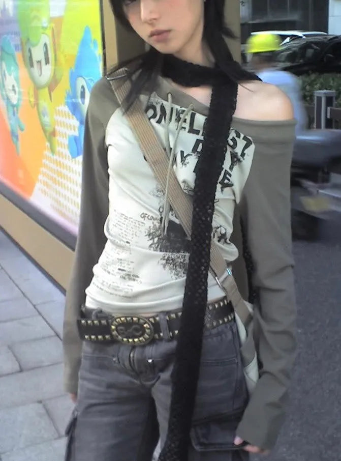 Japanese Y2k Off Shoulder T-shirt Grunge Aesthetics Graffiti Print Long Sleeve Tee Shirt Vintage Harajuku Streetwear 90s voguable