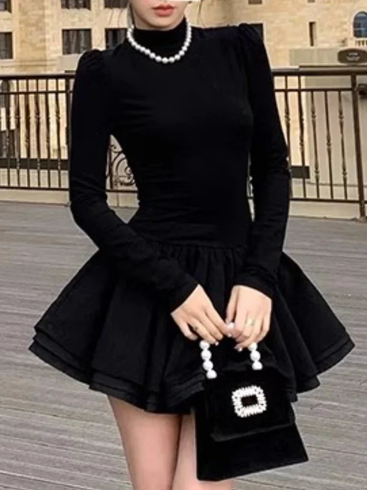 Winter Hepburn Party Mini Dress Women Patchwork Black Slim Vintage Mini Dress Female Korean Fashion Elegant One Piece Dress 2023 voguable
