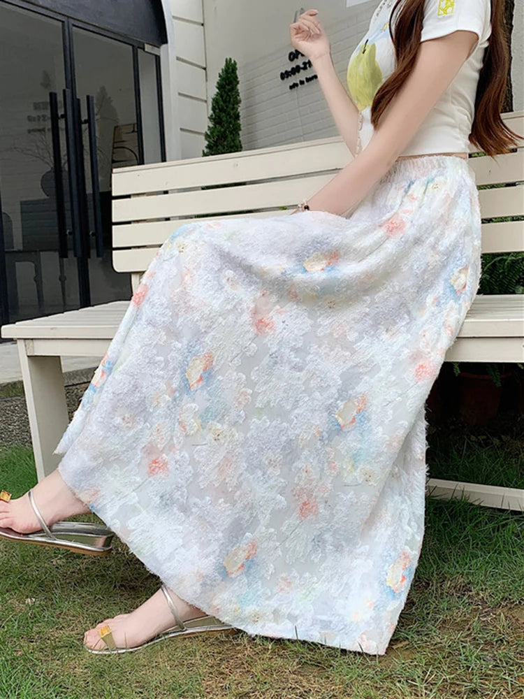 Women Floral Sweet Long Skirt Casual High Waist Elegant Loose Korean Skirts High Quality Lady Fashion Ball Gown Long Skirts voguable