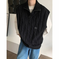 Voguable Autumn Short Sweater Vest Men Fashion Casual Lapel Knit Pullover Men Korean Loose Zipper Sleeveless Sweater Men Jumper Clothes voguable