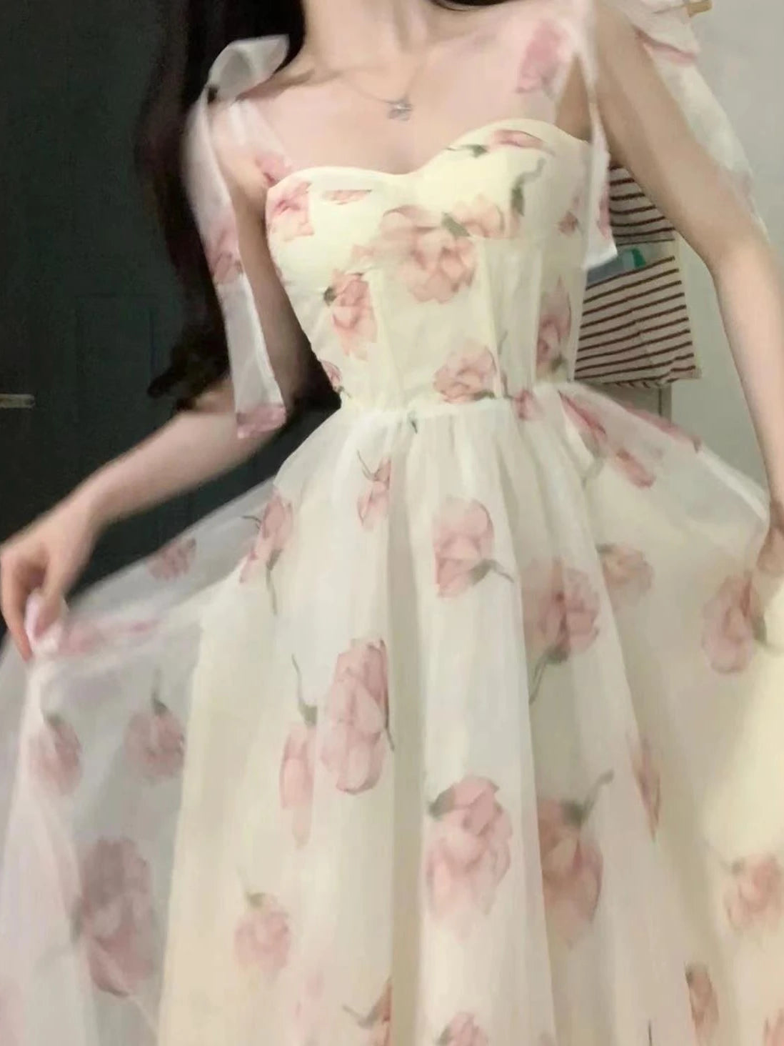 Voguable Sweet Elegant Floral Strap Dress Women Causal Fashion Korean Long Fairy Dresses Female Summer One Piece Dress Chic Evening Party voguable