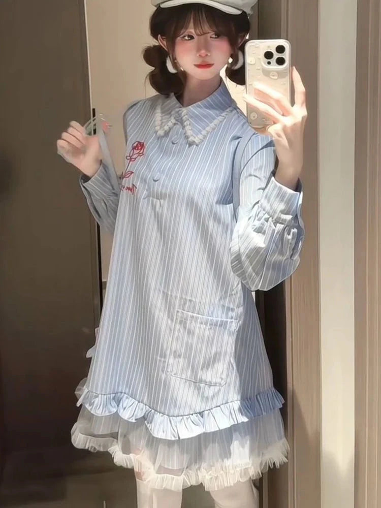 Lace Patchwork Striped Dress Women Sweet Floral Embroidery Mini Dress Fall Preppy Style Long Sleeve Cute Korean A Line Dress New voguable