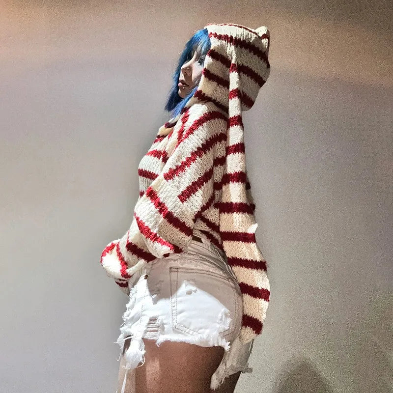 Japanese Y2k Hooded Cardigan 2000s Aesthetics Rabbit Ears Zipper Knitwear Vintage Harajuku Red Stripe Sweater Grunge voguable