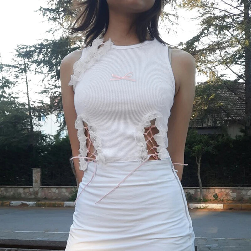 Voguable  Sweet Lace Stitching Hollow Out Tank Top Women Cute Bow Bandage Sleeveless Crop Tops Y2K Casual Basic Vest Lolita Camis voguable