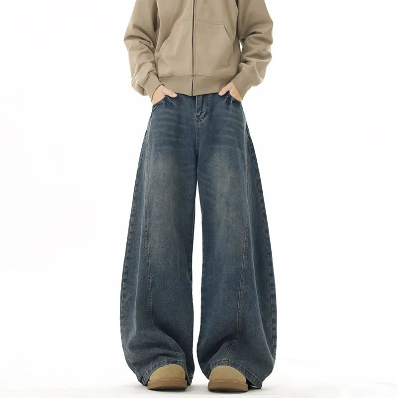 Wide Leg Jeans Men Denim Dark Blue Floor Sweeping Baggy Trousers Street Dance Hip Hop Unisex Urban Fashion Urban Streetwear voguable