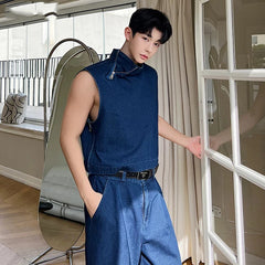 Voguable 2024 Spring Trendy High Street Stand Neck Sleeveless Vest Korean Loose Straight Jeans Men's Two-piece Sets Denim voguable