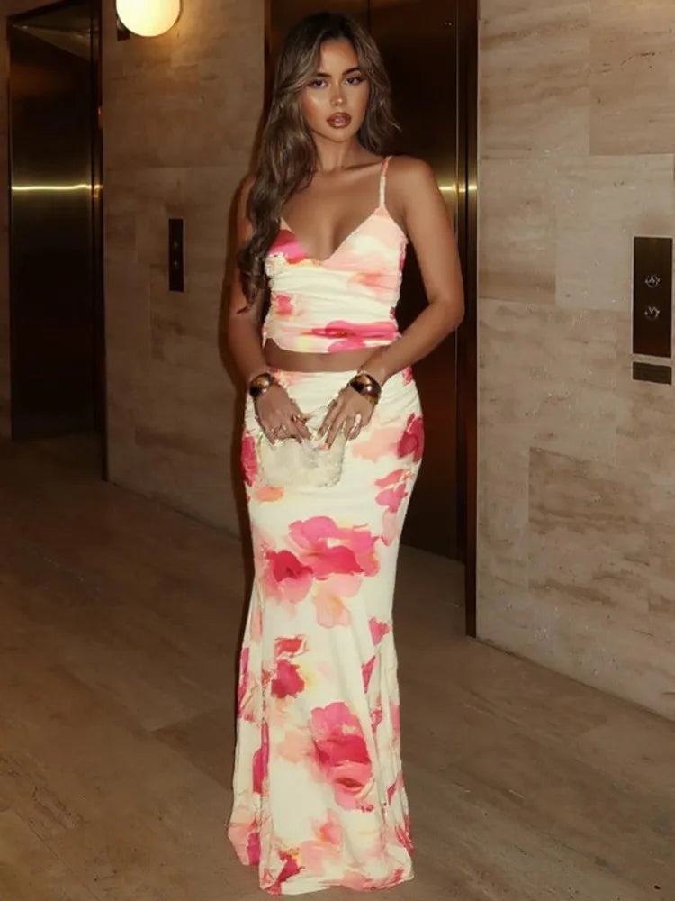 Print Sexy 2 Piece Sets Women Summer New V Neck Crop Tops And Maxi Skirt Female Elegant Club Party Slim Skirt Set voguable