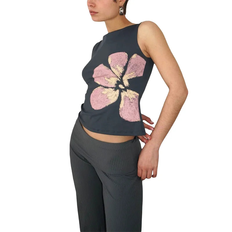 Coquette Tank Tops Summer Women Floral Print Boat Neck Sleeveless T Shirts Vest y2k Fairycore Clothing Streetwear voguable