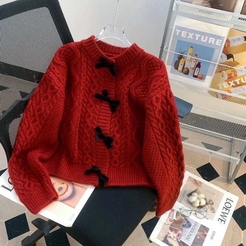 Preppy Style Bow Sweet Cardigan Women Cute Long Sleeve Solid Knitted Sweaters Casual Vintage O Neck Lady Fall Winter Top Outwear voguable