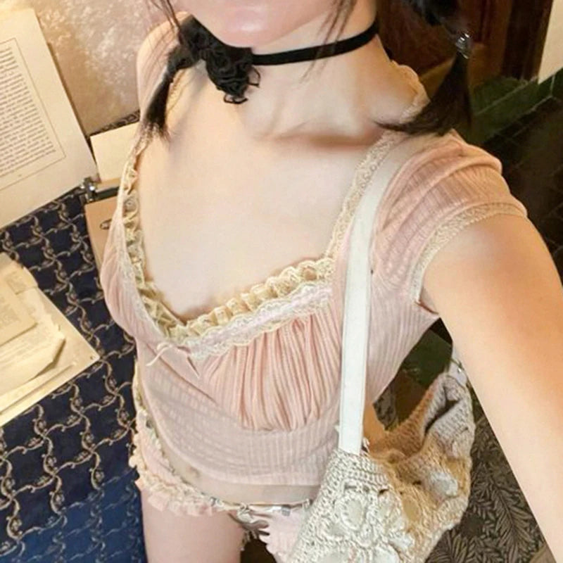 Voguable Kawaii Ribbed Knitted T-shirt Pink Lace Patchwork Milkmaid V-neck Cropped Top Lolita Style Sweet Casual Basic Pullovers voguable