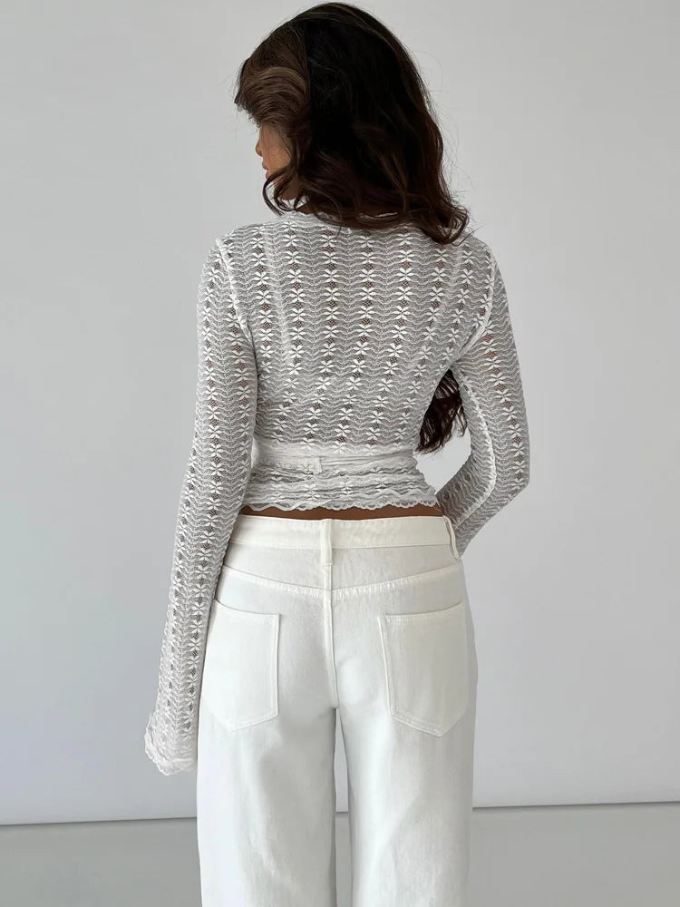 Bandage Hollow Out V-Neck T-shirt Top Women's Bandage Long Sleeve See-Through Sexy Casual Pullover Female Printed Tee Top voguable