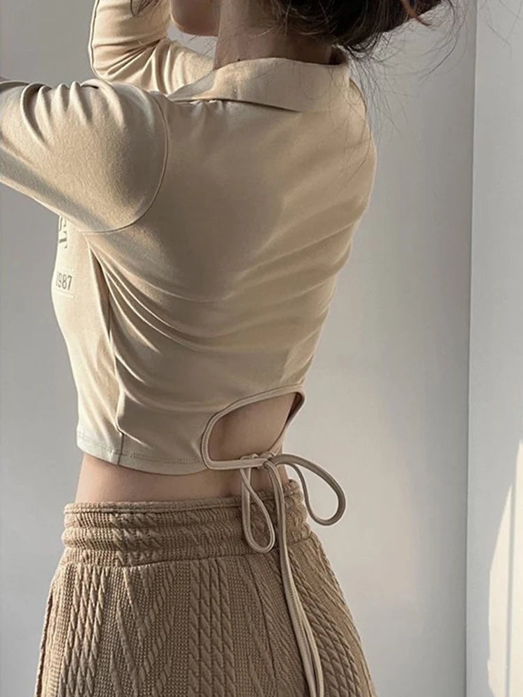 Voguable  Streetwear Sexy Crop Moto T Shirts Women Vintage Slim Back Lace Up Tops American Harajuku Letter Double Zipper Spring Tees voguable