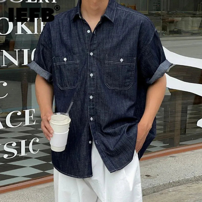 Voguable Men's Denim Shirt 2024 Summer New Loose Trend Versatile Lapel Short Sleeve Design Single Breasted Double Pockets Top voguable