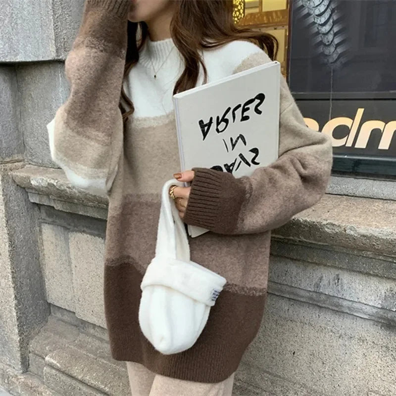Voguable  Color Blocked Loose Casual Stand Collar Women's Mid To Long Knitted Sweater Autumn Winter New Lazy Style Soft Pullover Lady Tops voguable