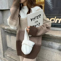 Voguable  Color Blocked Loose Casual Stand Collar Women's Mid To Long Knitted Sweater Autumn Winter New Lazy Style Soft Pullover Lady Tops voguable