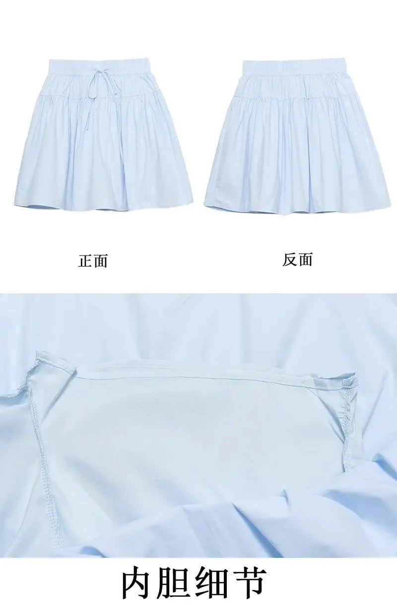 Cotton Casual Short A-line Skirt for Women High Waist Blue Elastic Waist Tie bow Sweet Loose Sports Skirt with Safety Shorts voguable