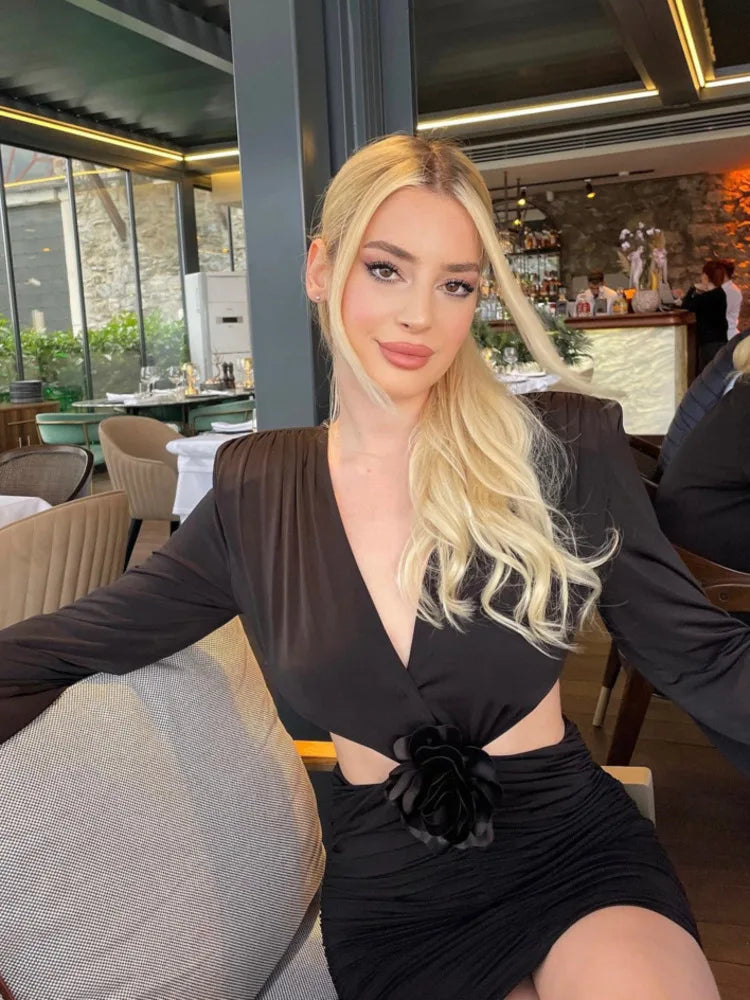 Sexy Deep V 3D Flower Women's Dress Bodycon Hollow Out  Backless Long Sleeve Folds Female Mini Dress Party Club voguable