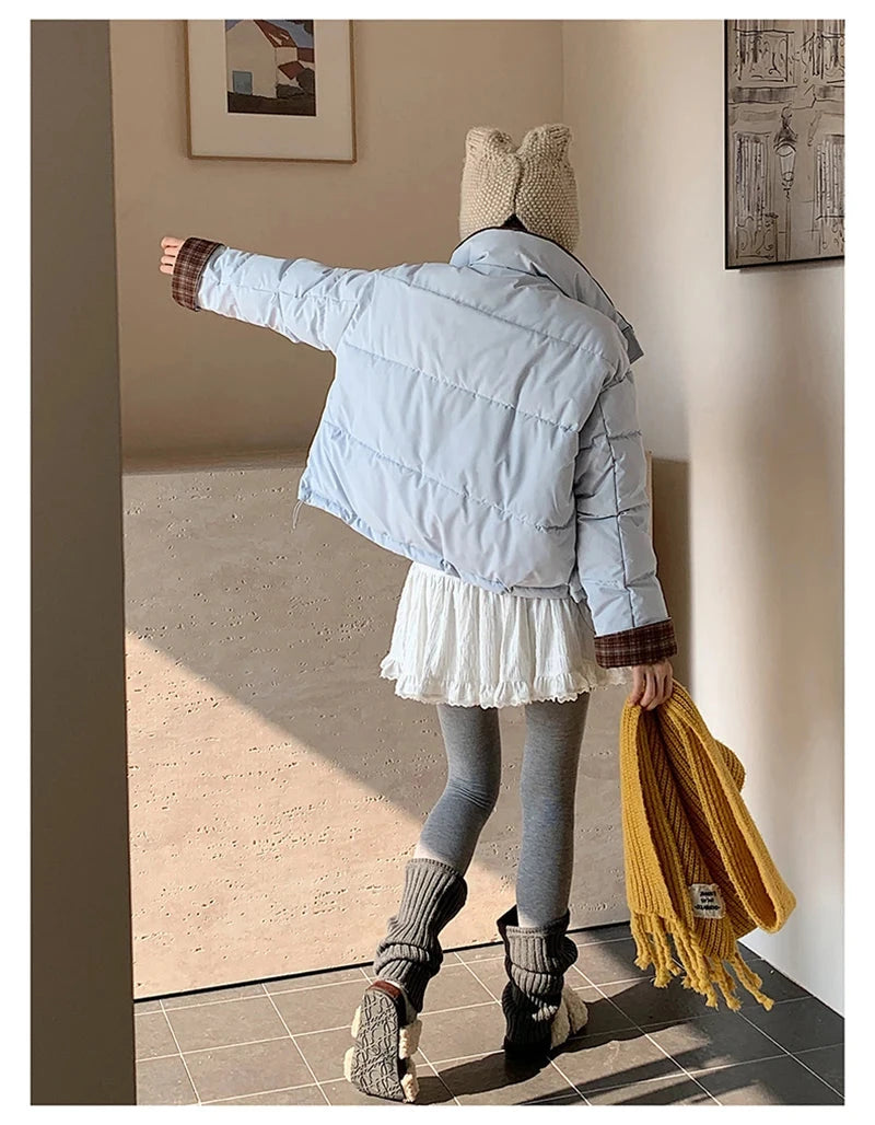 Winter Retro Puffy Parkas Women Warm Thick Plaid Patchwork Cute Coat Casual Preppy Style Korean Long Sleeve Cotton Jackets voguable