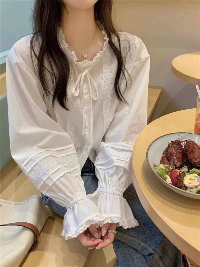Sexy Slim Cropped White Shirt Women Sweet Lace Patchwork Flare Sleeve Blouse Fashion Fall Ruffled Neck Elegant Korean Chic Tops voguable