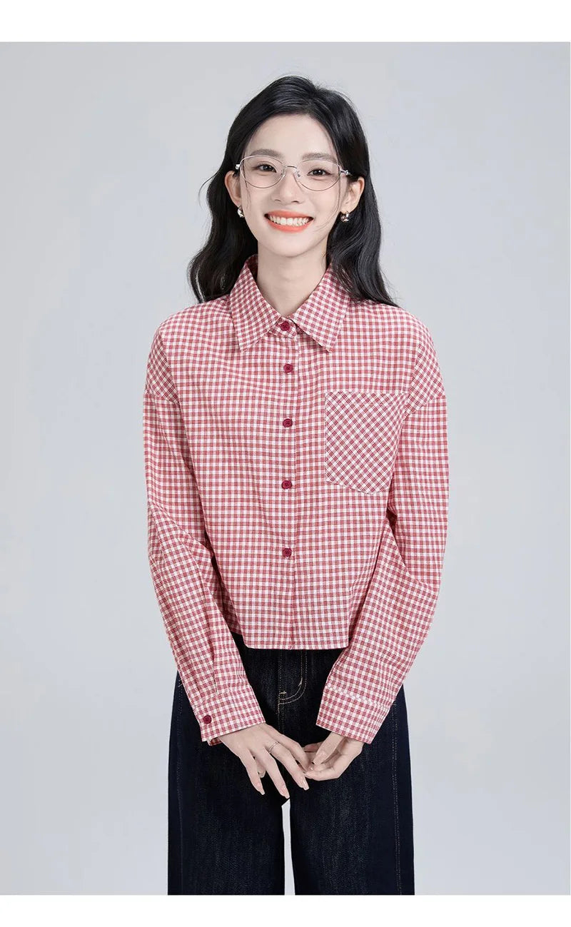 Sweet Red Plaid Shirt Women Preppy Style Vintage Long Sleeve Blouse Korean Fall Loose Female Retro Cute All Match Tops New voguable