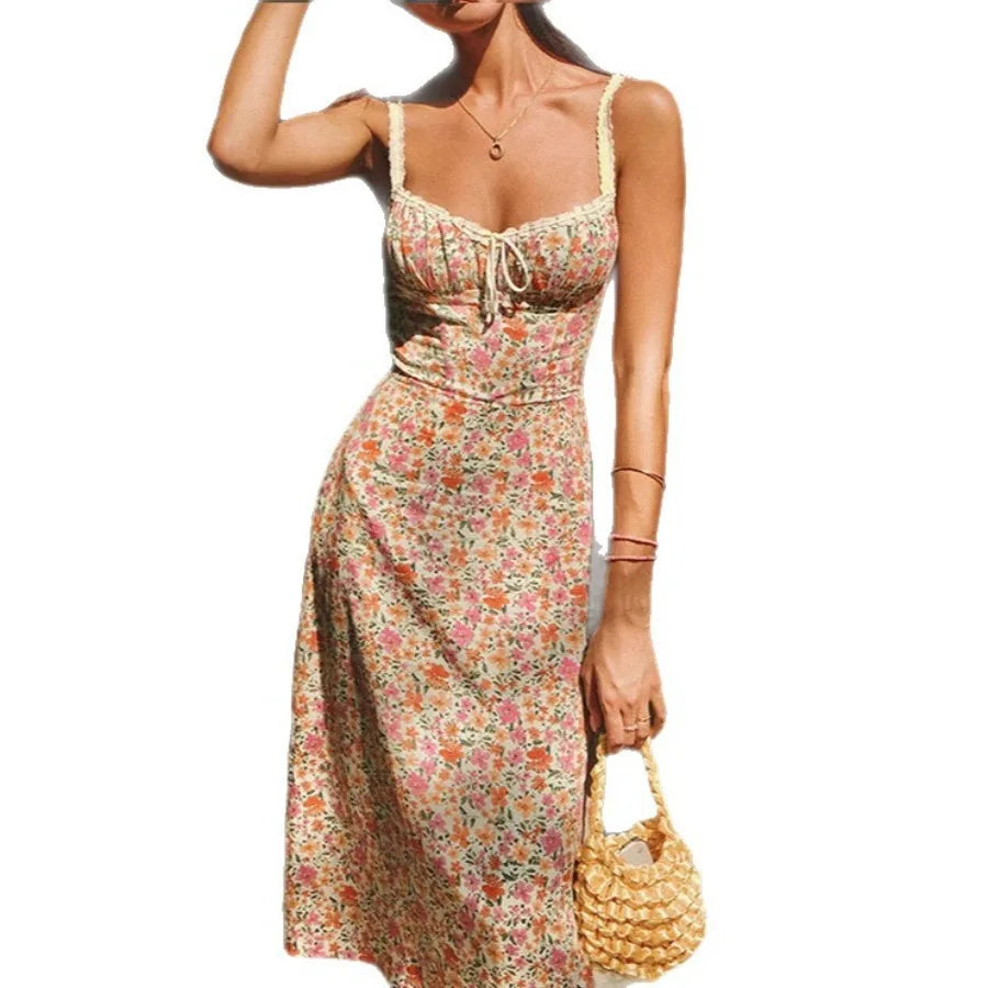 Voguable  European and American French vacation style sweet fashion pure desire lace suspender floral dress voguable