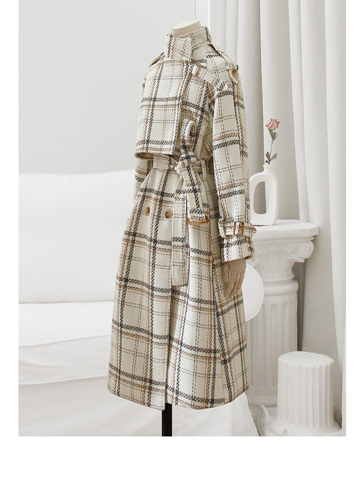 Autumn Winter Long Loose Warm Plaid Wool Blends Trench Coat for Women Raglan Sleeve Belt Double Breasted Woolen Overcoat voguable