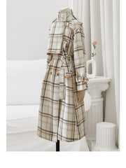Autumn Winter Long Loose Warm Plaid Wool Blends Trench Coat for Women Raglan Sleeve Belt Double Breasted Woolen Overcoat voguable