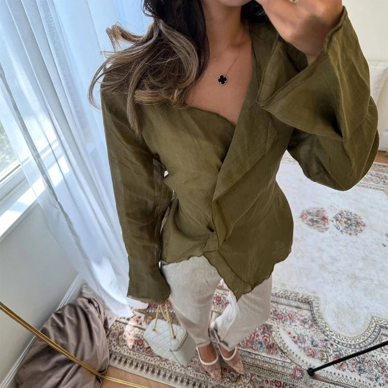 Voguable  Women's Cotton Linen Comfortable Early Autumn Long Sleeve Top V Neck Solid Color Irregular Casual Classic Holiday Party T-shirts voguable