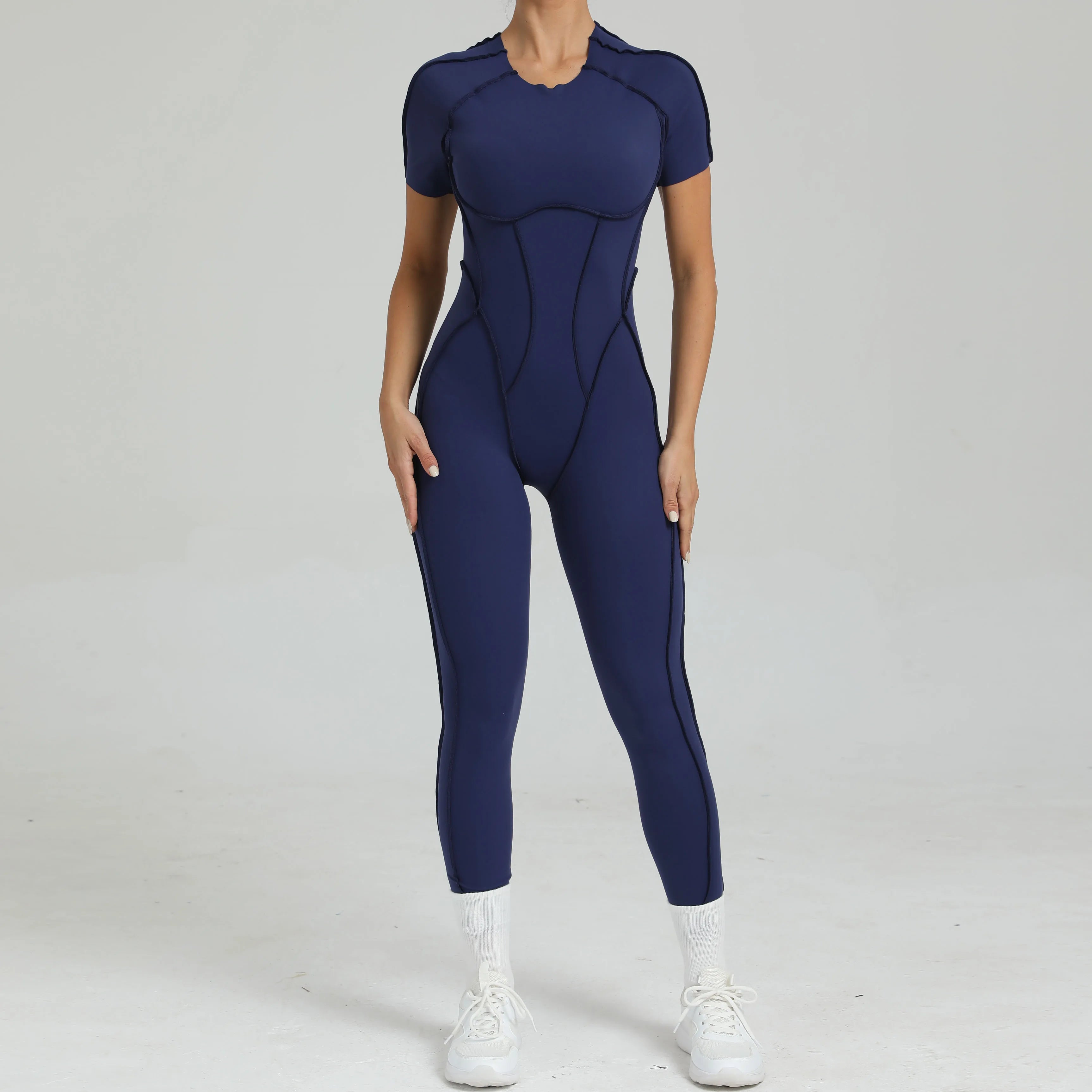 Voguable  Women's One-Piece Suit Zipper Short Sleeve Gym Push Up Workout Clothes Fitness Short Bodysuit Sportswear Jumpsuits voguable
