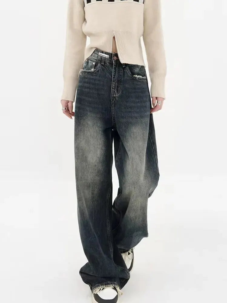 Women's Harajuku Style Loose Wide Leg Jeans Autumn Winter Street Fashion Retro Straight Loose Denim Trousers voguable