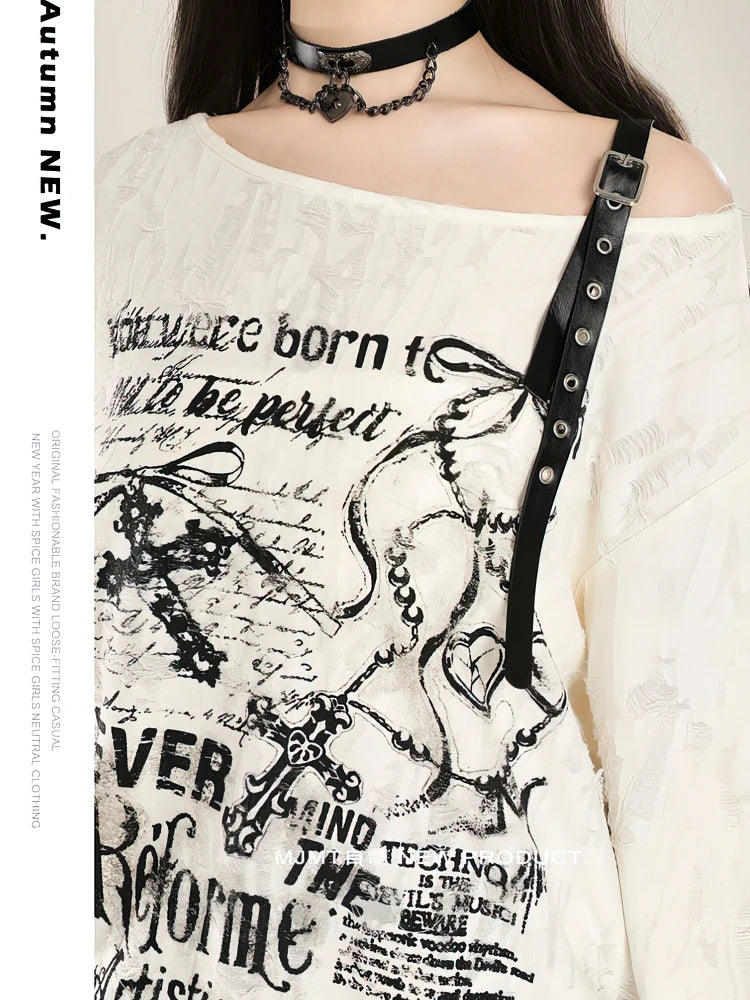 Y2k Long sleeve T shirt Women Off shoulder Oversize Tops Female Spring Autumn Vintage Holes Basic Tees Streetwear Chic voguable