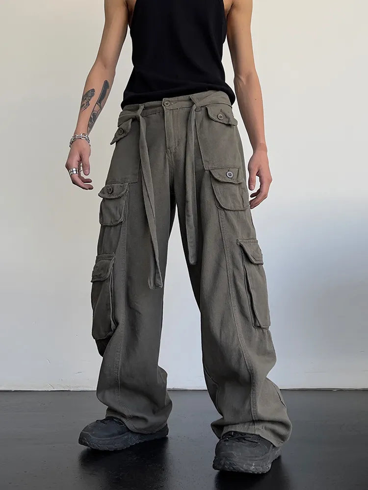 High street retro casual large pocket overalls men's and women's new summer high waist loose straight tube draped wide leg pants voguable