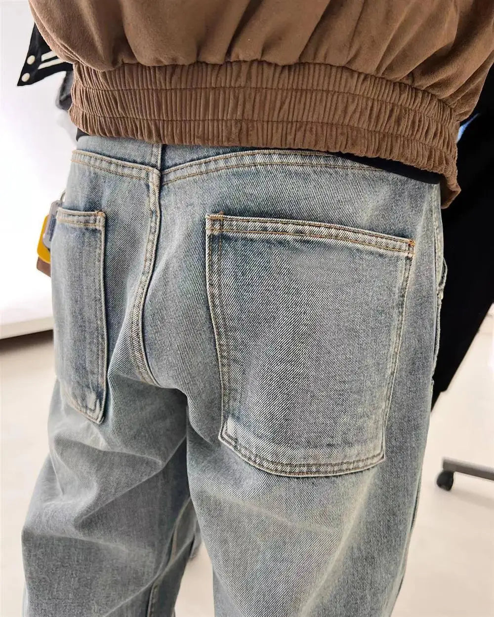 Voguable  Retro American Blue Washed Cleanfit Workwear Jeans Men's High Street Double Knee Logging Vibe Long Trousers Casual Straight L... voguable