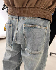 Voguable  Retro American Blue Washed Cleanfit Workwear Jeans Men's High Street Double Knee Logging Vibe Long Trousers Casual Straight L... voguable