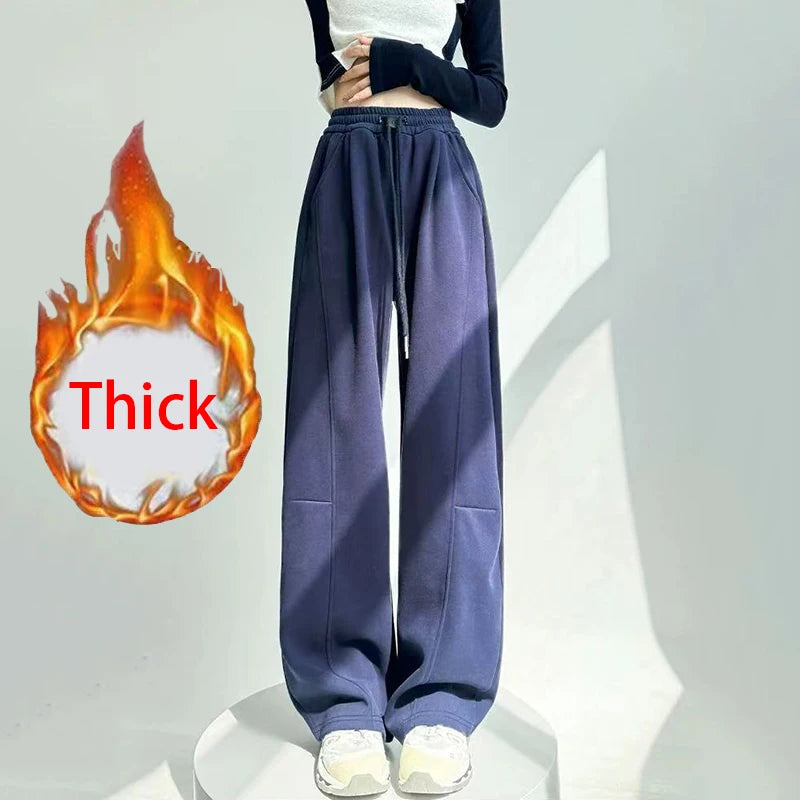Drawstring Wide Leg Sports Pants Women Autumn Winter Thick Warm Casual Sweatpants Woman Elastic High Waist All Match Trousers voguable