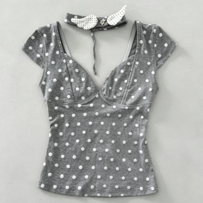 Voguable  Y2K Style Vintage Kawaii Light V-Neck Short Sleeve T-Shirt Summer New Arrivals Slim Fit Harajuku Tops Trendy Casual Daily voguable