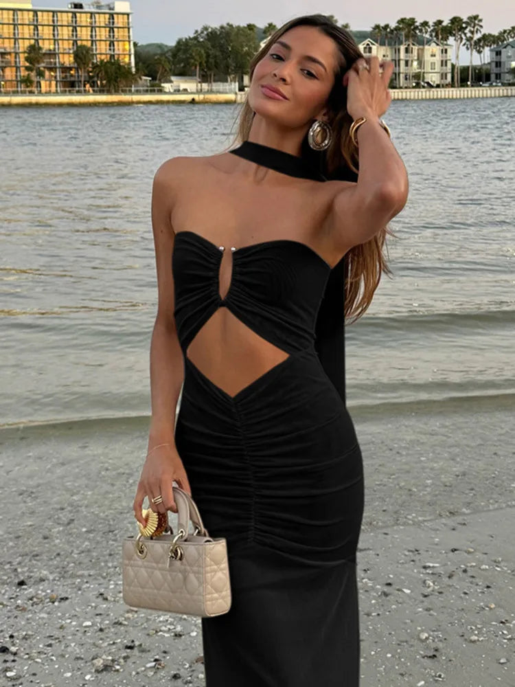 Hollow Out Backless Sexy Maxi Dress Women Gown Summer Halter Off-shoulder Backless Club Party Long Dress Elegant voguable