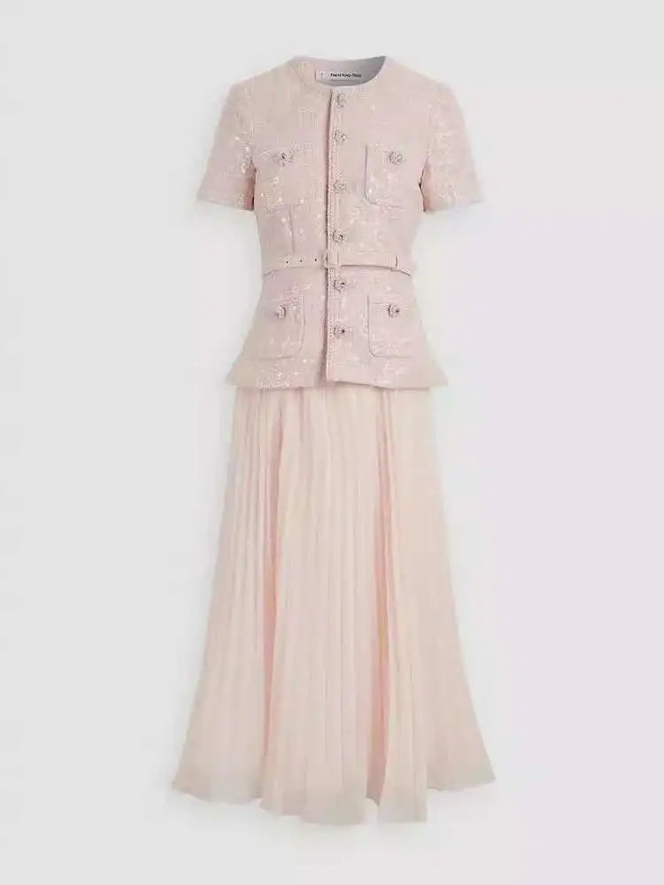 Women's Elegant 2 Pcs Set O Neck Short Sleeve Sequins Tweed Belt Coat High Waist Pleated Skirts Sets 2025 New Autumn voguable