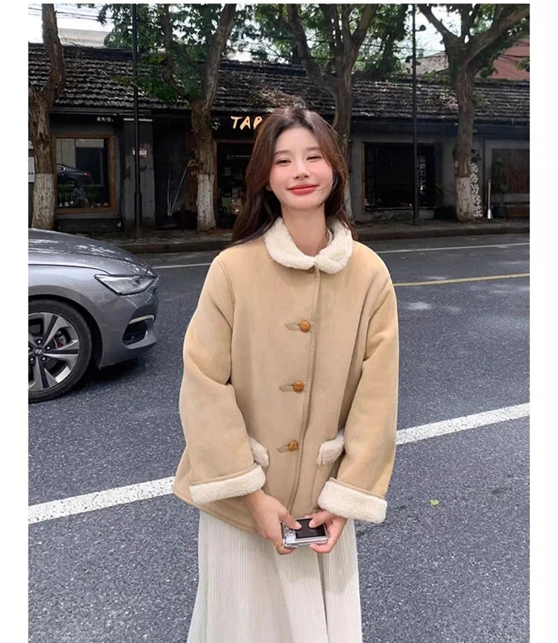 Women Faux Lamb Suede Jacket Winter Warm Long Sleeve Sweet Cotton Coat Korean Pockets Female Thick Vintage Outwear Tops voguable