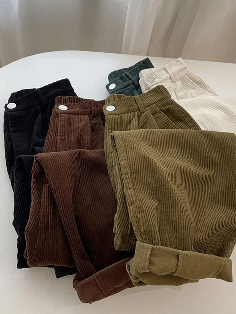 Voguable  High Waist Women Vintage Corduroy Pants Spring Fashion Straight Causal Trousers Solid Korean All Match Pants voguable