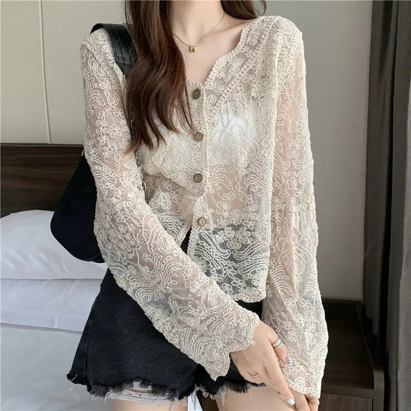 Voguable  Hollow Out Lace Summer Cardigan Women Korean Style V Neck Embroidered Floral Shirt Woman Lightweight Thin Solid Long Sleeve Top voguable