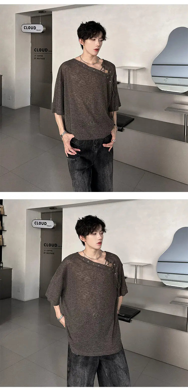 Korean Style Men's T-shirts Short Sleeve Casual Lace-up Design Solid Color Tees Hollow Out Loose Male Tops Summer 9W3719 voguable