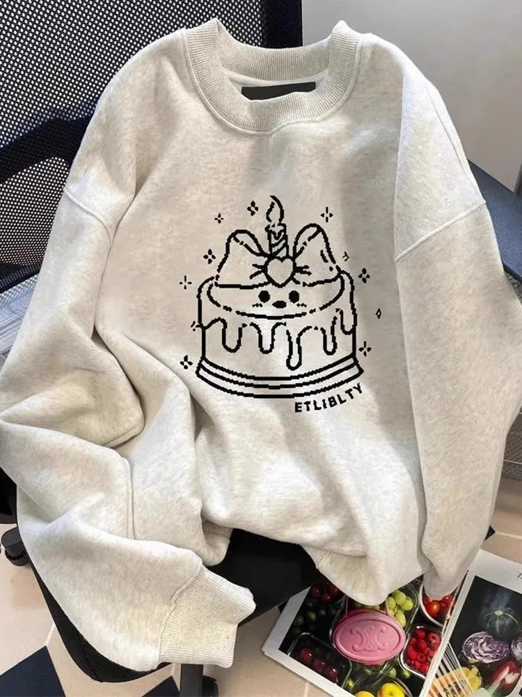 Cute Cake Print Sweatshirt Women Long Sleeve Loose Japan Kawaii Pullovers Fall Preppy Style O Neck Vintage Casual Sweet New Tops voguable