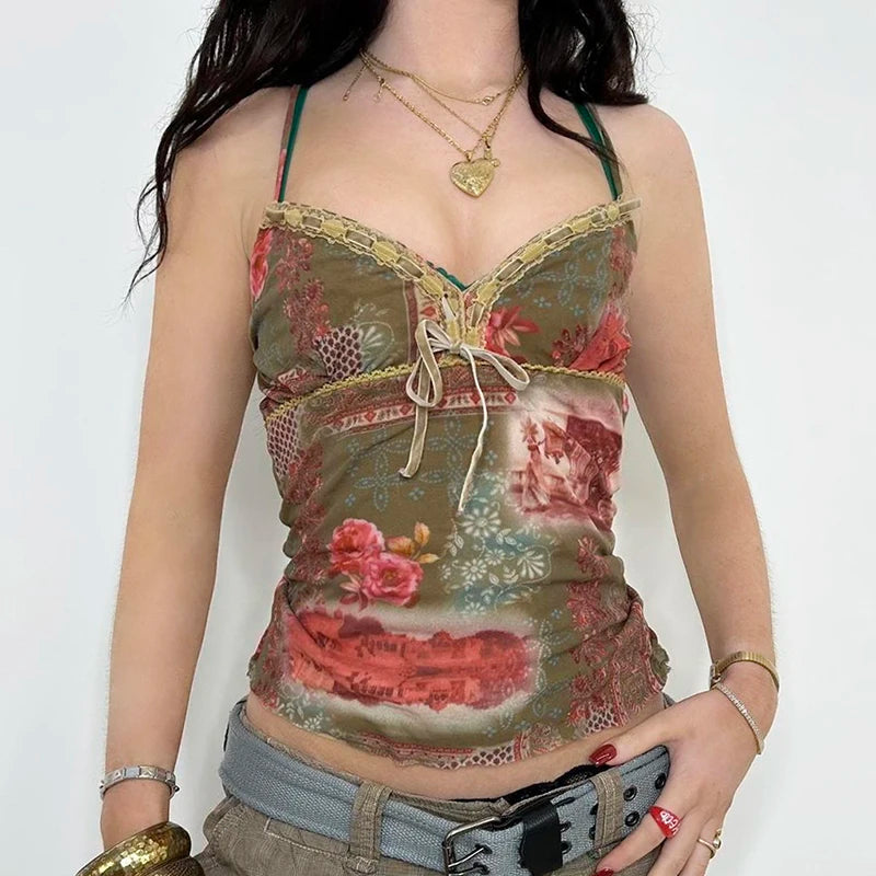 Voguable  Vintage Flower Print Cami Women Fairycore Grunge Lace Patchwork Tie-up Bow Spaghetti Straps Crop Tops Sexy Streetwear voguable